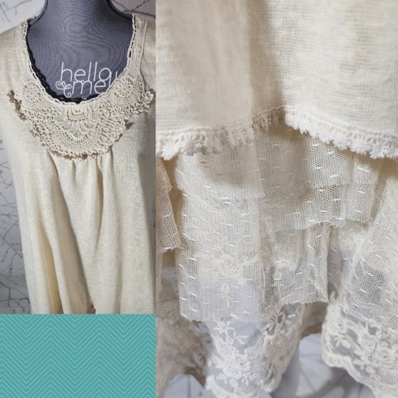 Anna Bella Heathered Ivory Tiered Peplum Lace Hem Dress | Women's XL - Picture 2 of 5